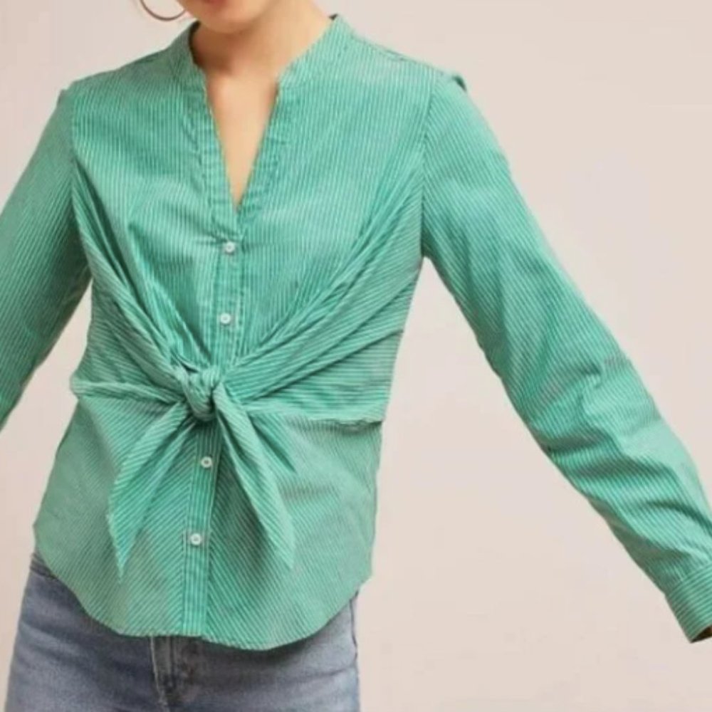 Maeve Button Down Shirt Green Striped Katherine Knotted Blouse- Size 14